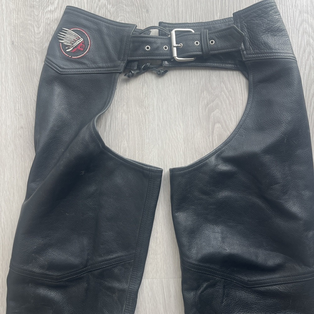Indian Motorcycle Mens Black Leather Riding Chaps Size Small Traditional Rider